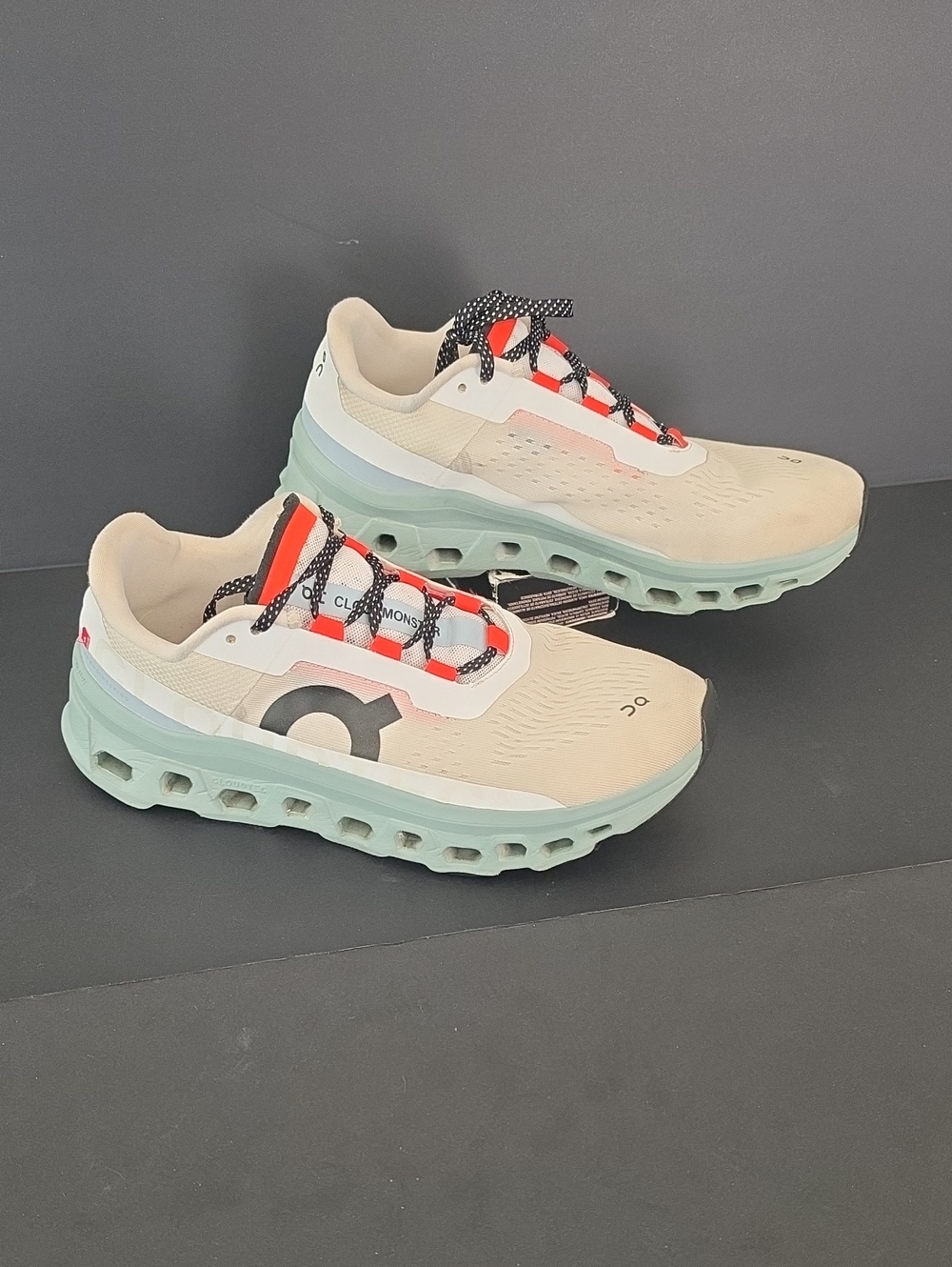 On Running CloudMonster Women's Beige Upper with Mint Green Coral Accents Size 9